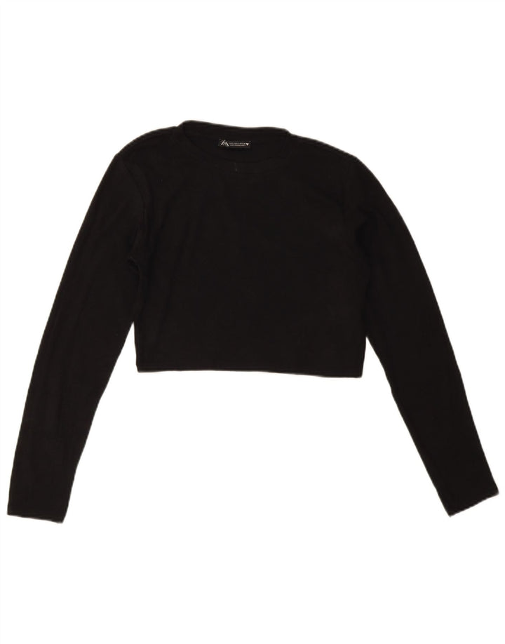 Zara Womens Crop Top Long Sleeve UK 16 Large Black Cotton