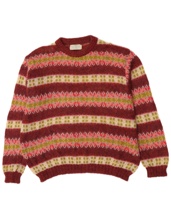 Benetton Mens Crew Neck Jumper Sweater Medium Burgundy Striped Mohair Retro