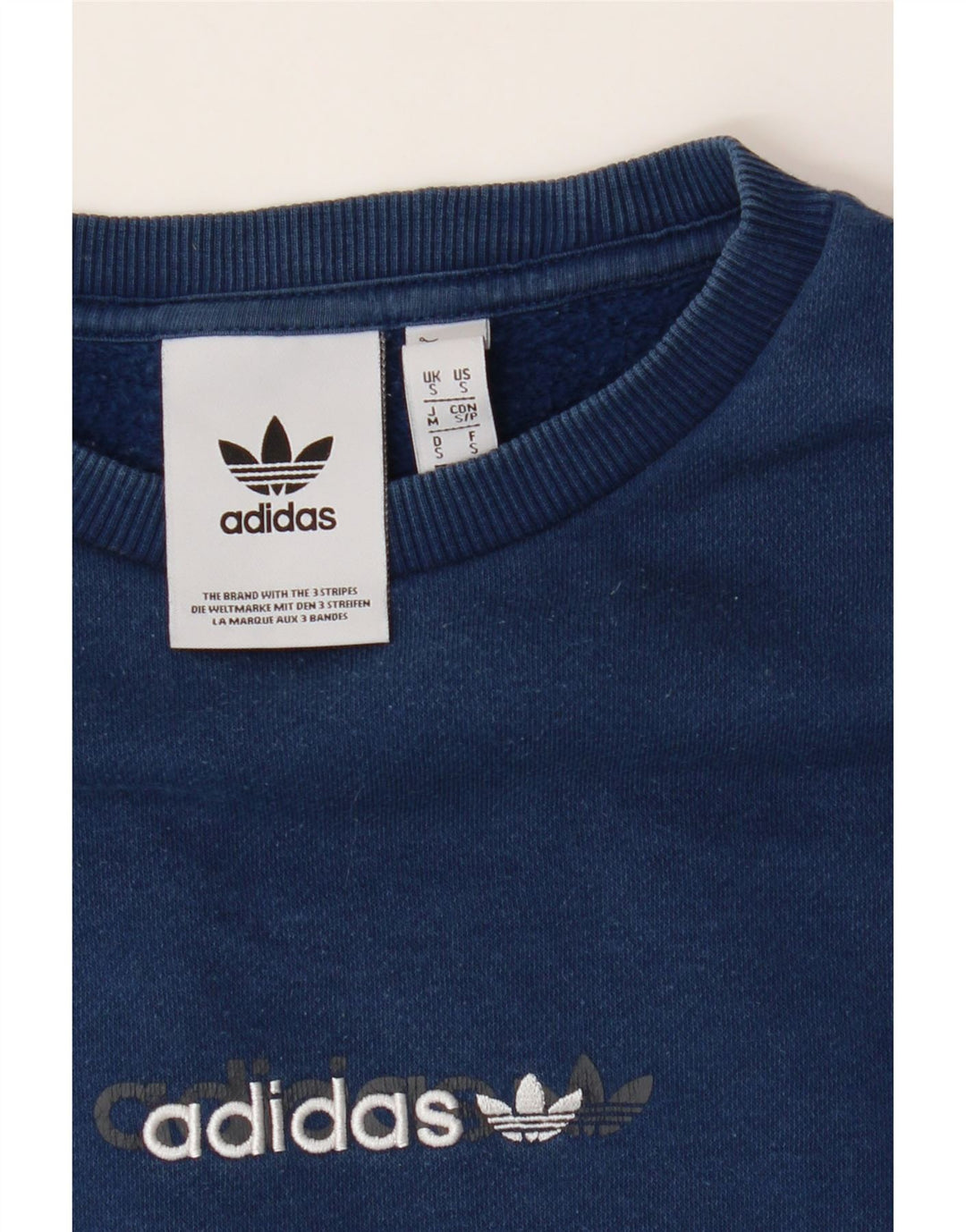 ADIDAS Mens Graphic Sweatshirt Jumper Small Navy Blue Cotton Vintage Adidas and Second-Hand Adidas from Messina Hembry 