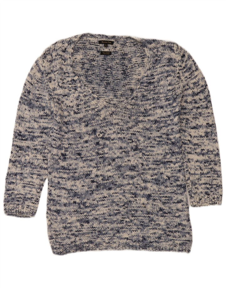 Massimo Dutti Womens V-Neck Jumper Sweater UK 14 Medium Navy Blue Flecked