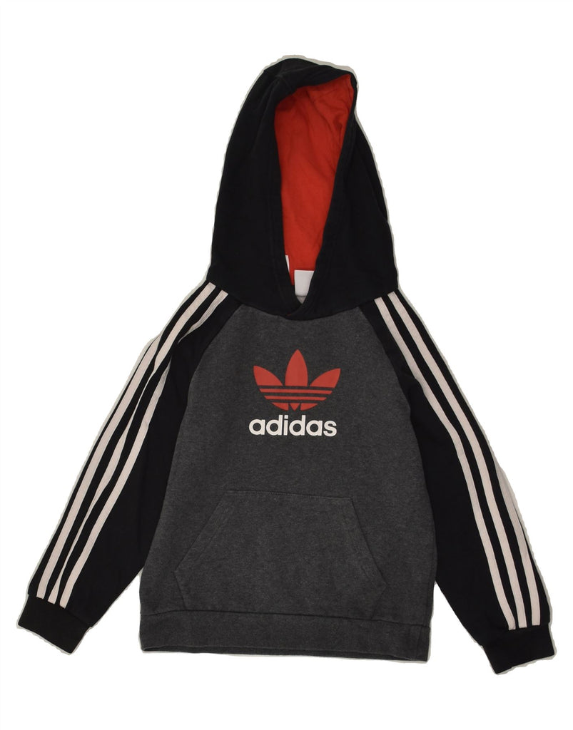 ADIDAS Boys Graphic Hoodie Jumper 7-8 Years Grey Colourblock Cotton | Vintage Adidas | Thrift | Second-Hand Adidas | Used Clothing | Messina Hembry 