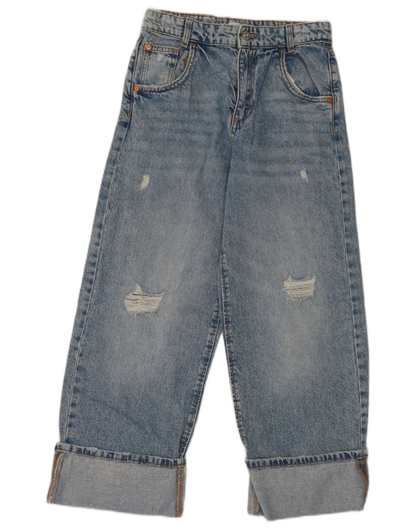 Zara Girls Distressed High Waist Wide Leg Jeans 13-14 Years W26 L24 Blue