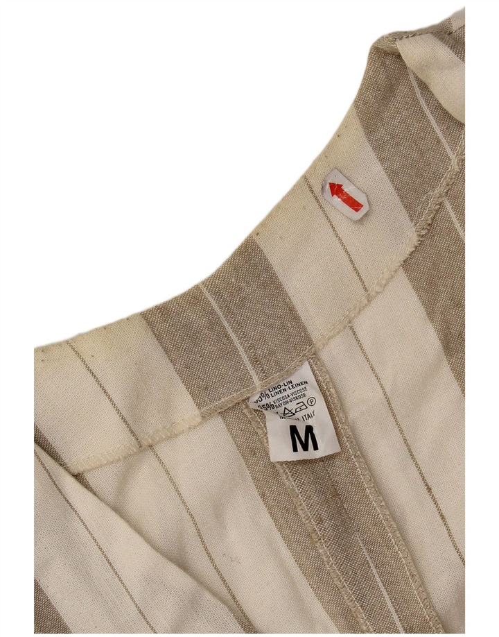 Vintage Womens Short Sleeve Shirt Blouse UK 14 Medium Beige Striped Linen
