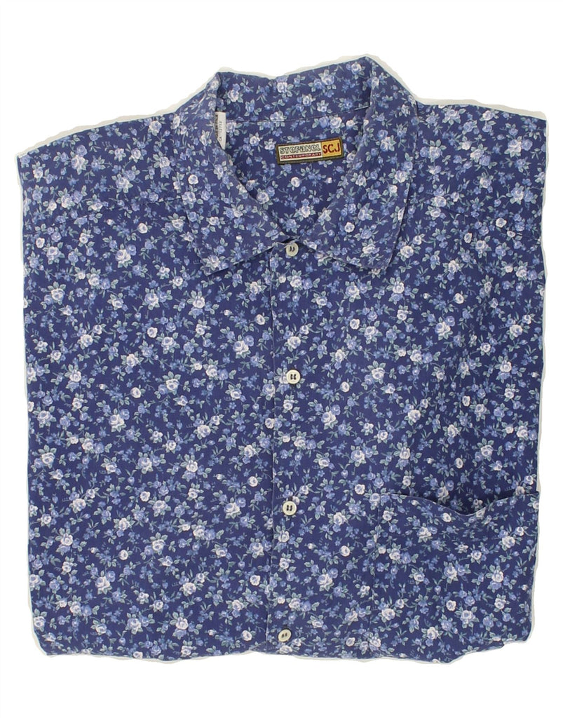 STEFANEL Mens Short Sleeve Shirt XL Blue Floral Cotton | Vintage Stefanel | Thrift | Second-Hand Stefanel | Used Clothing | Messina Hembry 