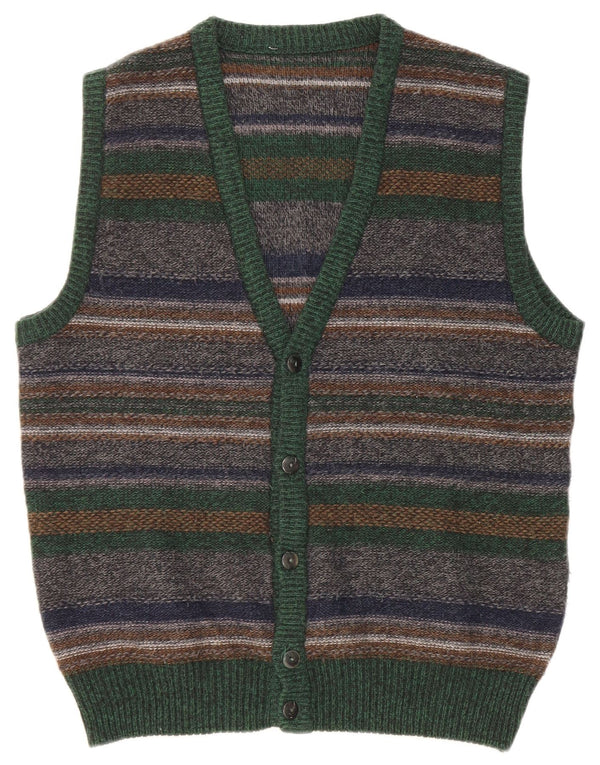 Vintage Mens Sleeveless Cardigan Sweater Medium Multicoloured Striped Wool