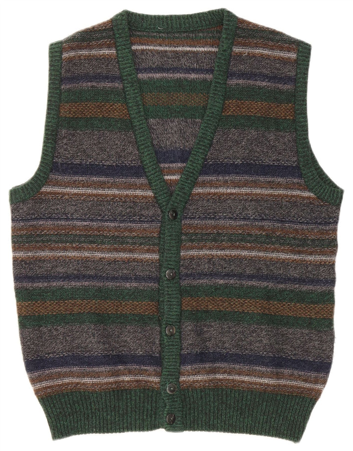 Vintage Mens Sleeveless Cardigan Sweater Medium Multicoloured Striped Wool