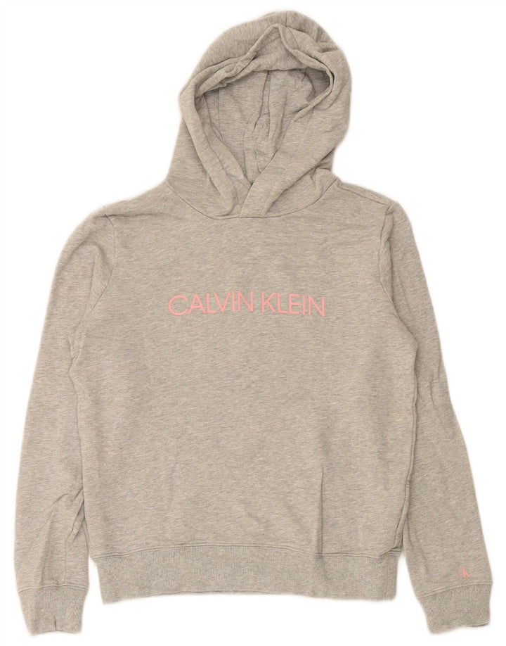 CALVIN KLEIN JEANS Girls Graphic Hoodie Jumper 11-12 Years Grey Cotton