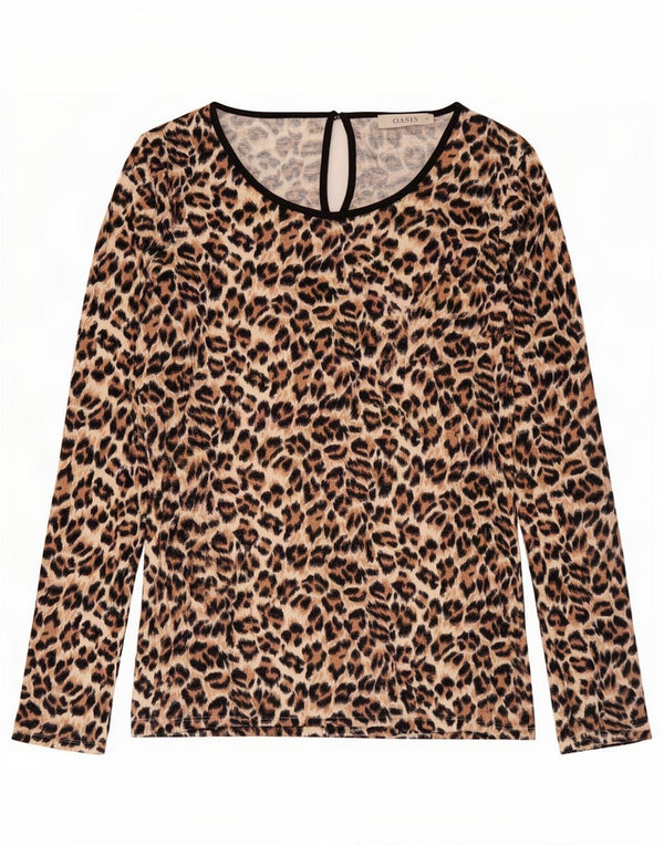 Oasis Womens Long Sleeve Blouse Top UK 12 Medium Brown Animal Print Viscose