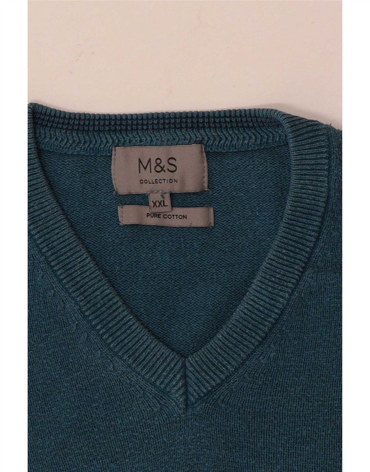 Marks & Spencer Mens V-Neck Jumper Sweater 2XL Blue Cotton