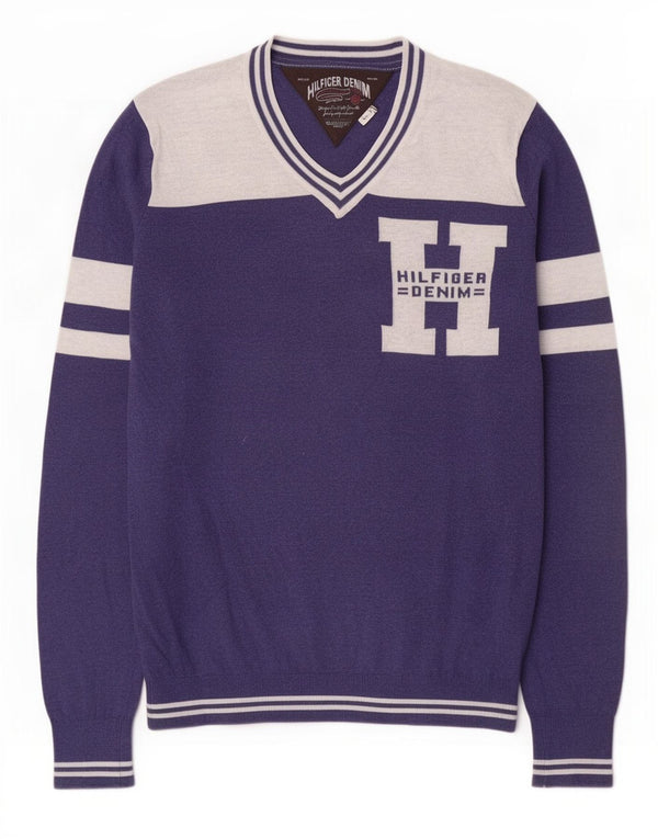 Tommy Hilfiger Mens Graphic V-Neck Jumper Sweater Medium Blue Colourblock
