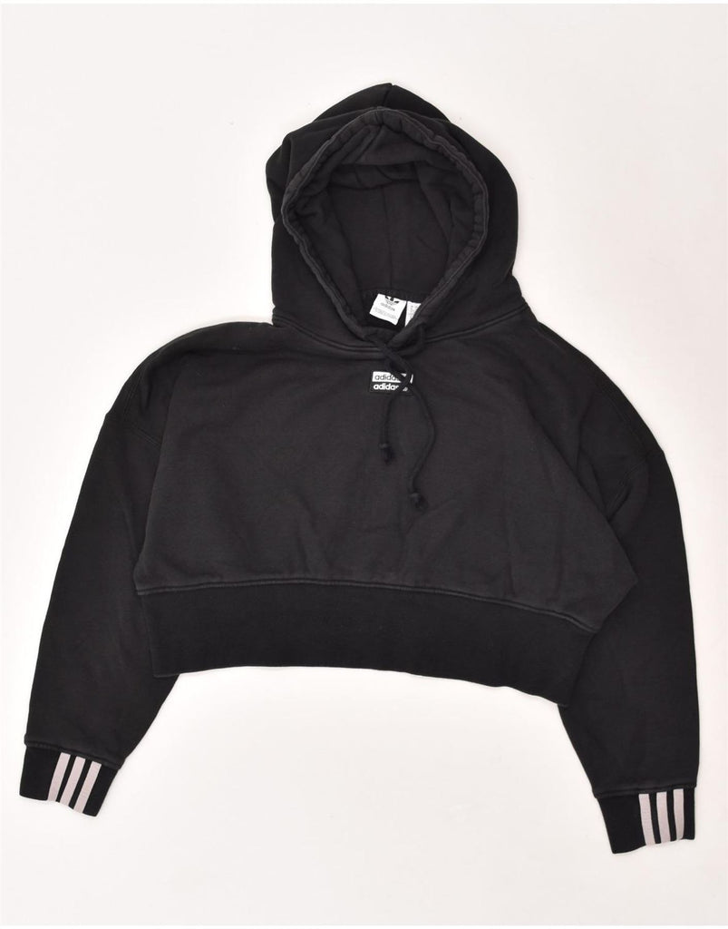 ADIDAS Womens Oversized Crop Hoodie Jumper UK 14 Medium Black Cotton | Vintage Adidas | Thrift | Second-Hand Adidas | Used Clothing | Messina Hembry 