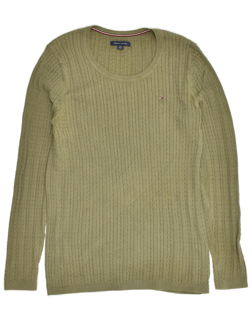 TOMMY HILFIGER Womens Boat Neck Jumper Sweater UK 14 Large Khaki Cotton | Vintage Tommy Hilfiger | Thrift | Second-Hand Tommy Hilfiger | Used Clothing | Messina Hembry 