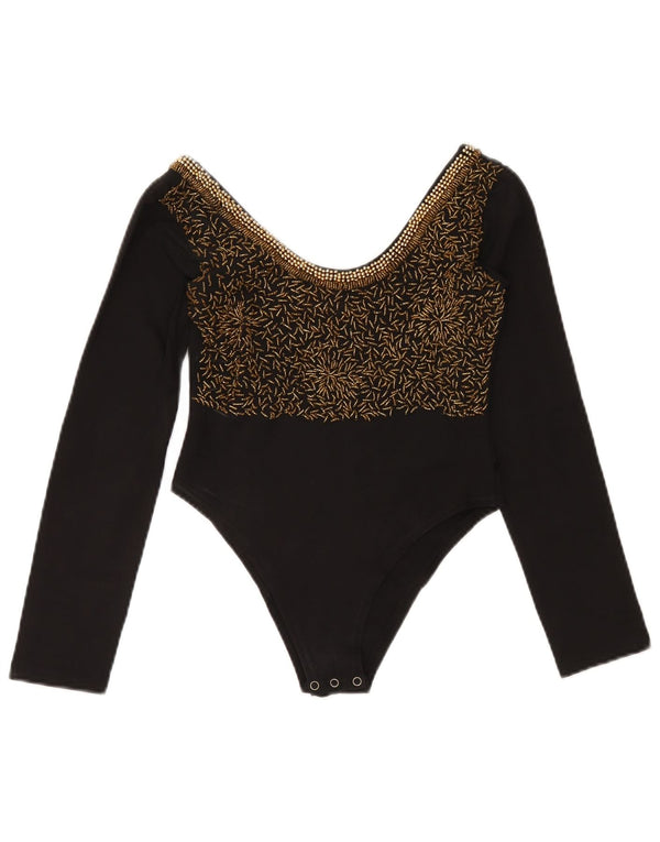 Vintage Womens Long Sleeve Bodysuit UK 12 Medium Black Cotton