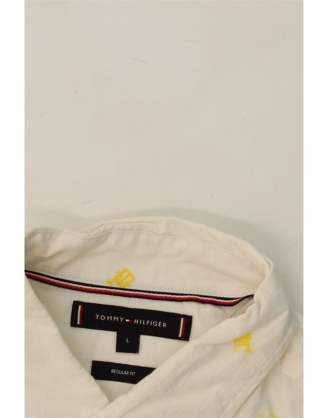 TOMMY HILFIGER Mens Regular Fit Graphic Shirt Large White Floral Vintage Tommy Hilfiger and Second-Hand Tommy Hilfiger from Messina Hembry 