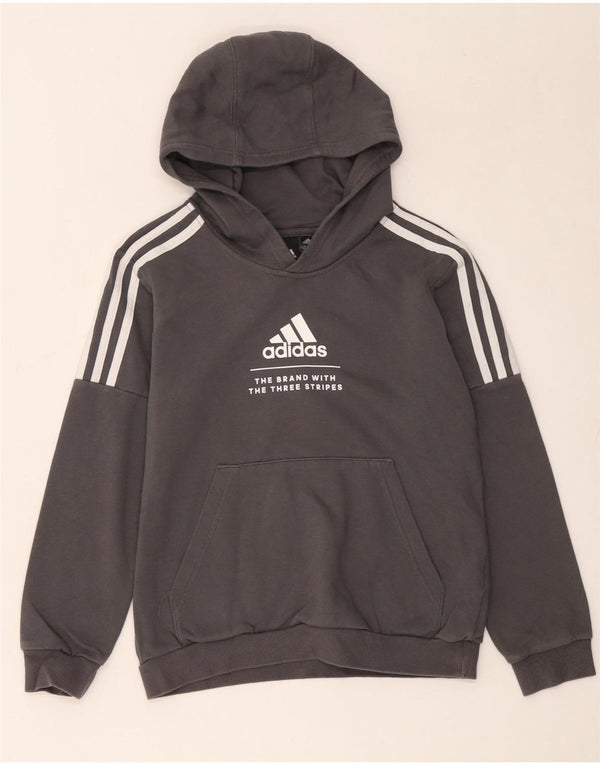 Adidas Boys Three Stripes Graphic Hoodie Jumper 11-12 Years Grey Cotton