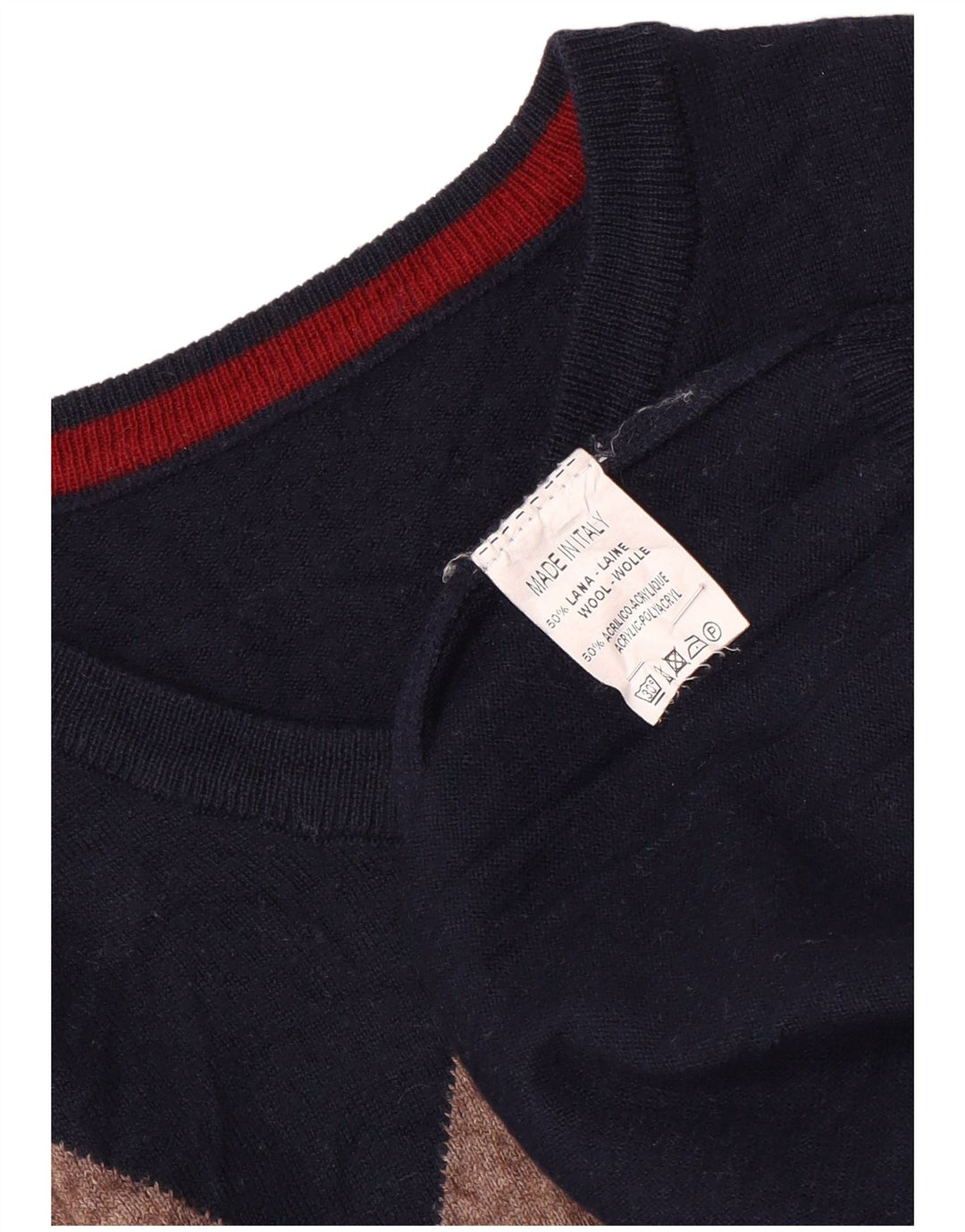 Vintage Womens V-Neck Jumper Sweater UK 14 Medium Navy Blue Argyle/Diamond