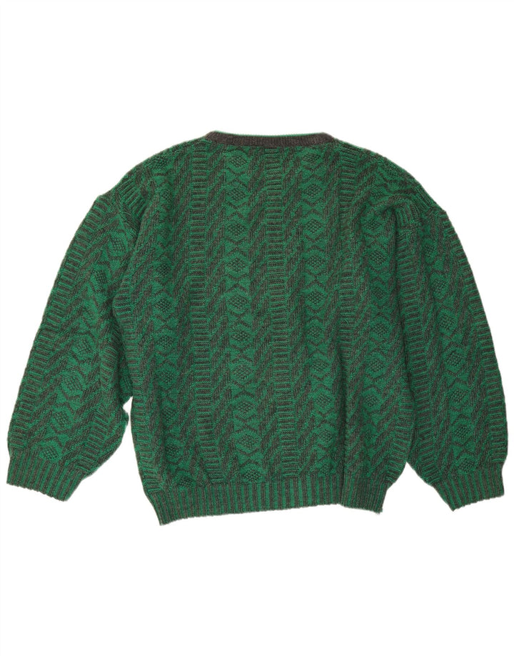 Vintage Mens Crew Neck Jumper Sweater Medium Green Geometric