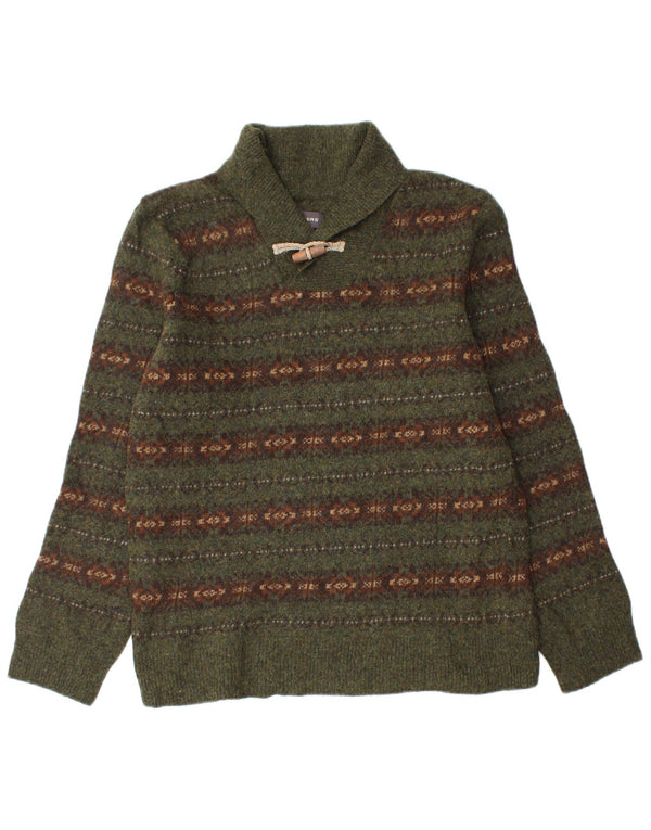 Dockers Womens Shawl Neck Jumper Sweater UK 16 Large Khaki Fair Isle Wool