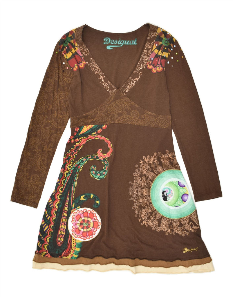 DESIGUAL Womens Graphic Long Sleeve A-Line Dress UK 14 Large Brown Paisley Vintage Desigual and Second-Hand Desigual from Messina Hembry 