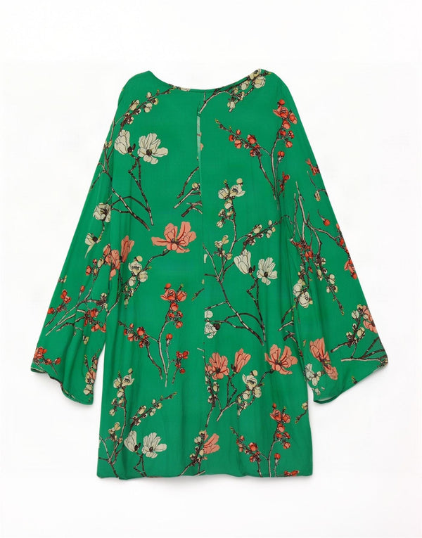 Zara Womens Long Sleeve Shift Dress UK 12 Medium Green Floral Silk