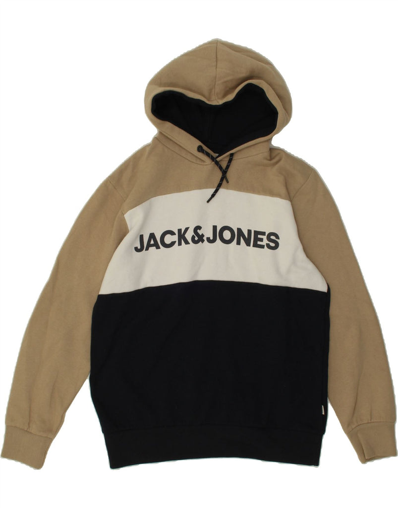 JACK & JONES Mens Graphic Hoodie Jumper Medium Black Colourblock Cotton Vintage Jack & Jones and Second-Hand Jack & Jones from Messina Hembry 