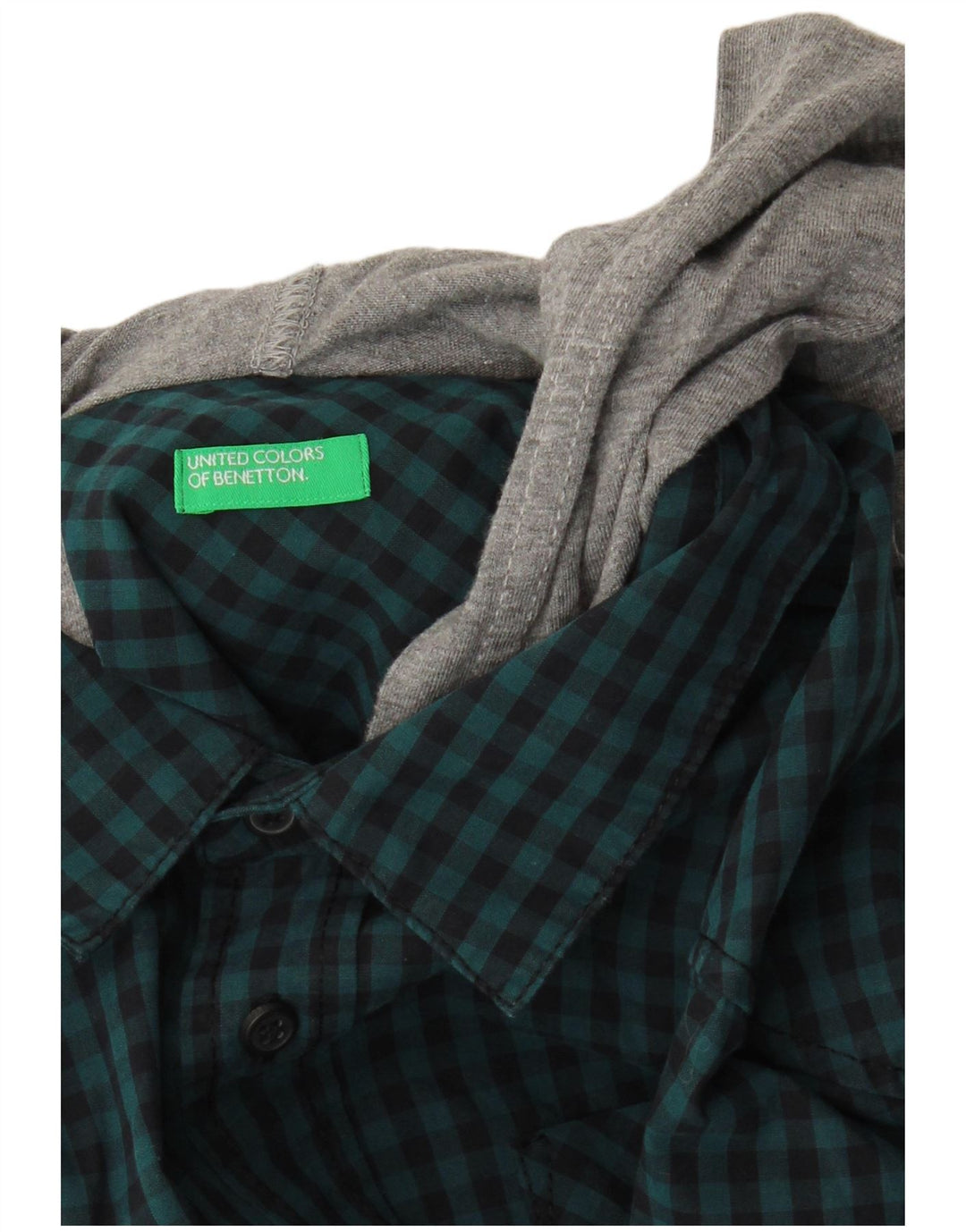 Benetton Mens Hooded Shirt Small Blue Gingham