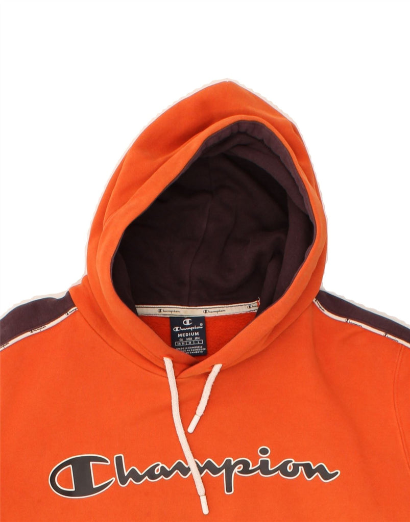 CHAMPION Mens Graphic Hoodie Jumper Medium Orange Colourblock Cotton | Vintage Champion | Thrift | Second-Hand Champion | Used Clothing | Messina Hembry 