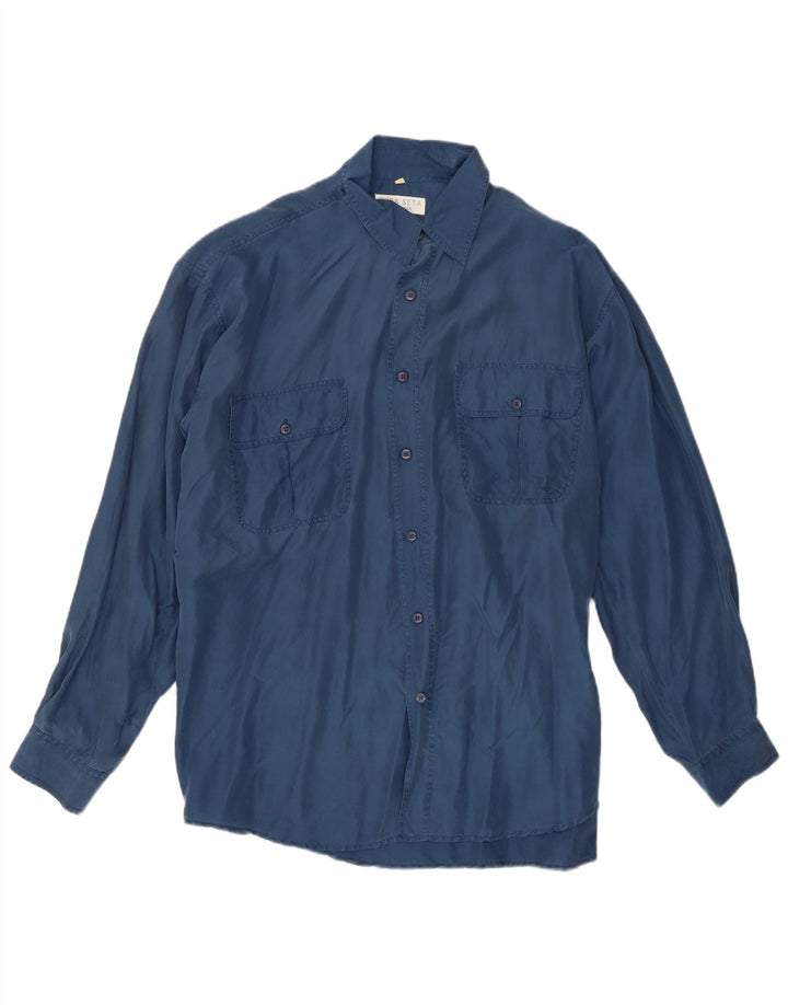 Vintage Mens Shirt Large Blue Silk