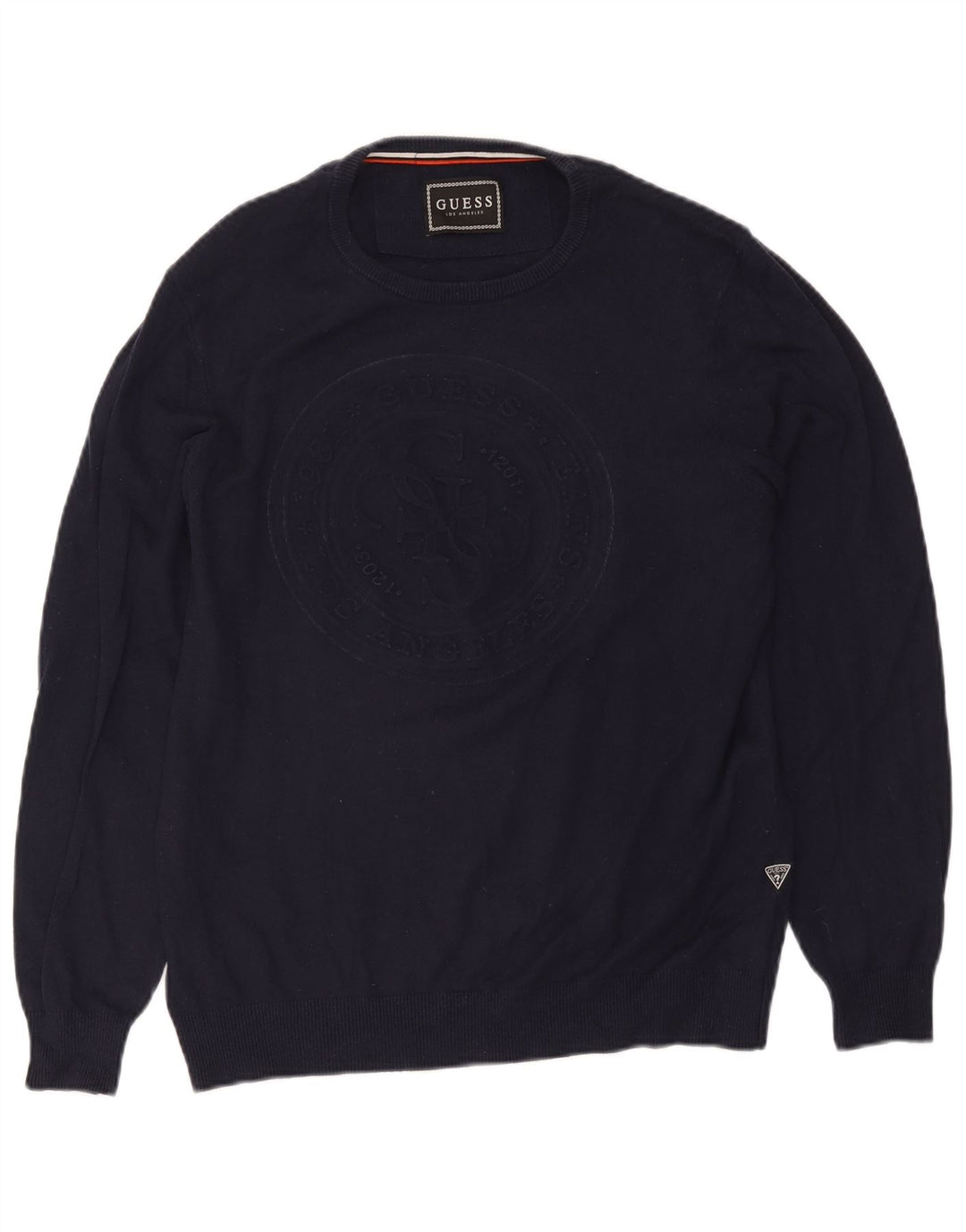 Guess Mens Graphic Boat Neck Jumper Sweater UK 40 Medium Navy Blue