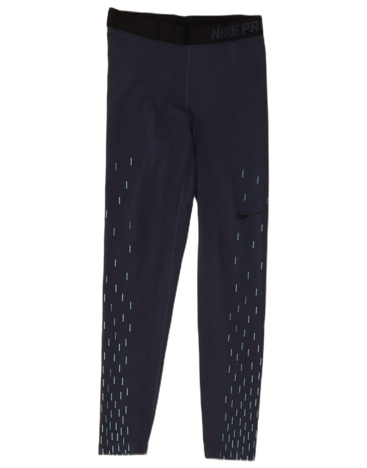 Nike Womens Dri Fit Graphic Leggings UK 12 Medium Navy Blue Geometric
