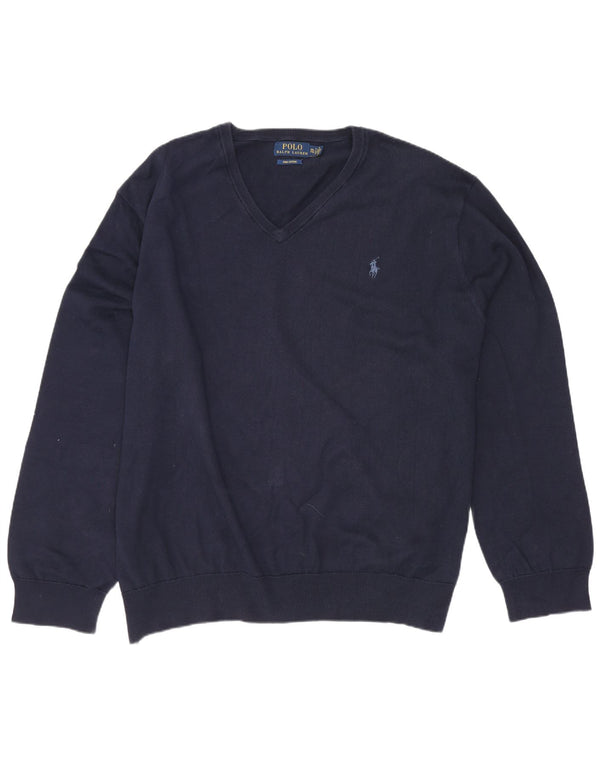 Polo Ralph Lauren Womens V-Neck Jumper Sweater UK 20 2XL Navy Blue Cotton