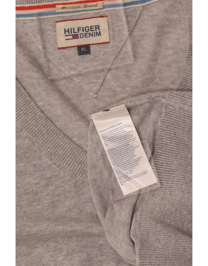 TOMMY HILFIGER Mens V-Neck Jumper Sweater XL Grey Cotton