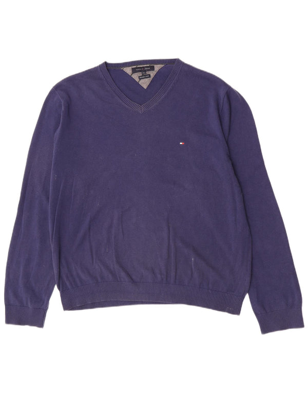 Tommy Hilfiger Mens V-Neck Jumper Sweater 2XL Navy Blue Cotton