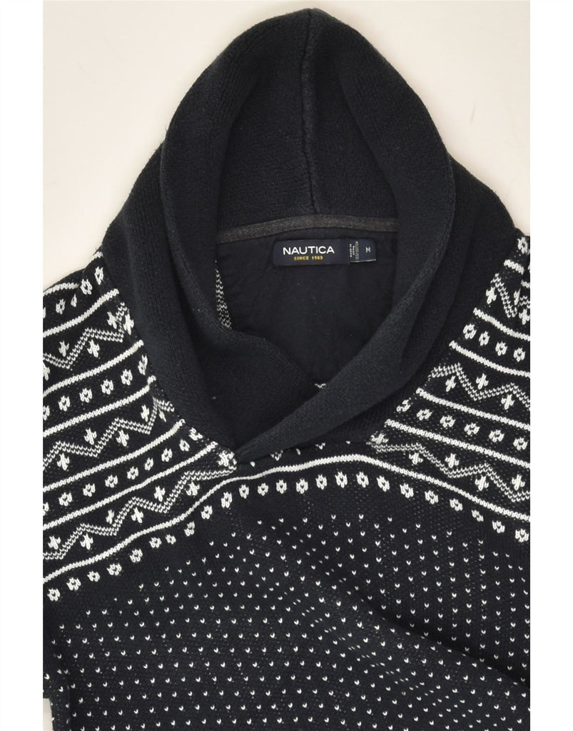 NAUTICA Mens Shawl Neck Jumper Sweater Medium Navy Blue Fair Isle Cotton | Vintage Nautica | Thrift | Second-Hand Nautica | Used Clothing | Messina Hembry 