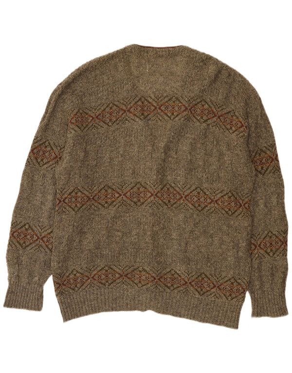St Michael Mens Cardigan Sweater XL Khaki Geometric Wool