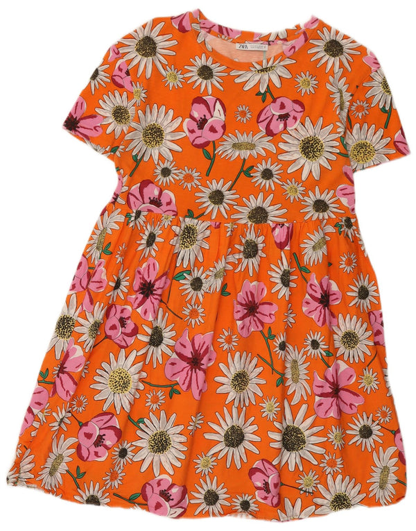 Zara Womens Pleated A-Line Dress UK 10 Small Orange Floral Cotton