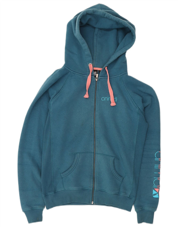 ANIMAL Womens Graphic Zip Hoodie Sweater UK 12 Medium Blue Cotton