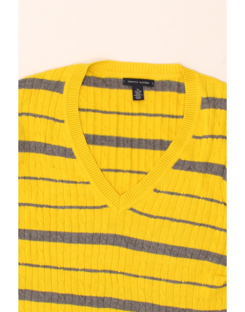 TOMMY HILFIGER Womens V-Neck Jumper Sweater UK 18 XL Yellow Striped Cotton | Vintage Tommy Hilfiger | Thrift | Second-Hand Tommy Hilfiger | Used Clothing | Messina Hembry 