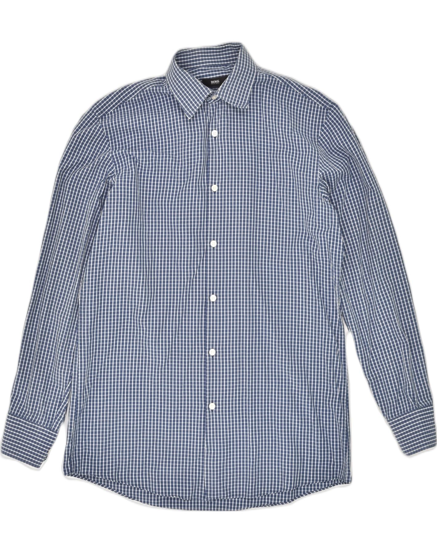 HUGO BOSS Mens Sharp Fit Shirt Size 15 1 2 Medium Blue Check Cotton