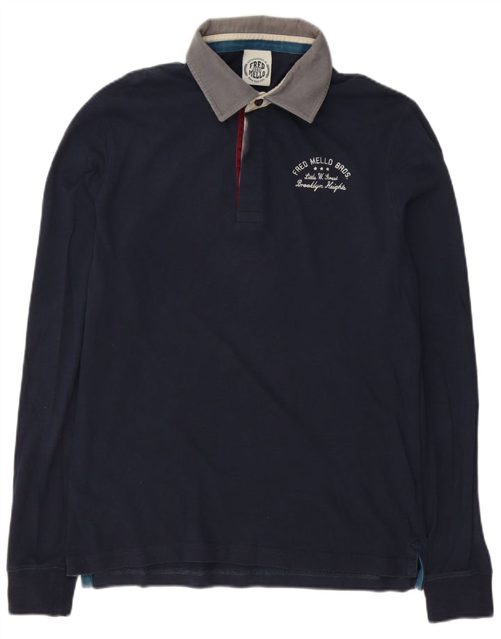 Fred Mello Mens Graphic Long Sleeve Rugby Polo Shirt Medium Navy Blue