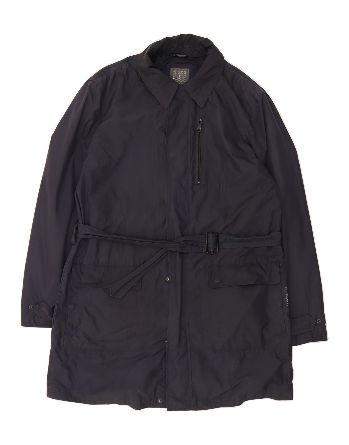 GEOX Mens Hooded Trench Coat UK 42 XL Navy Blue Polyester