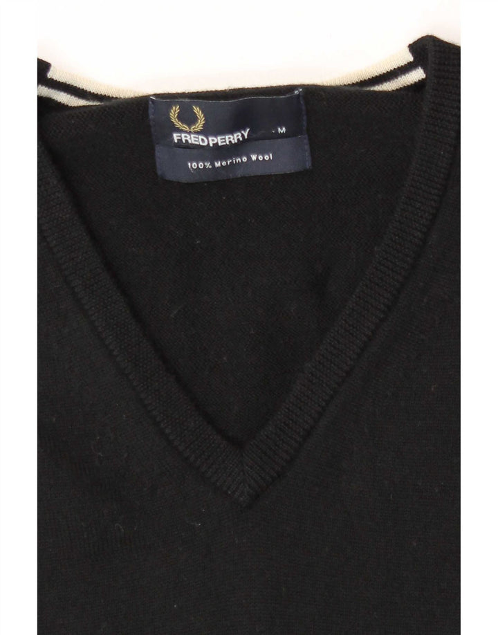 Fred Perry Mens V-Neck Jumper Sweater Medium Black Merino Wool