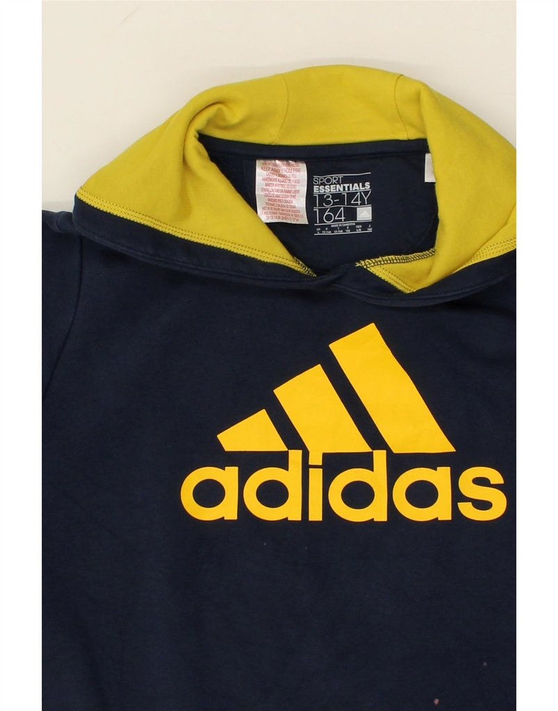 ADIDAS Boys Graphic Hoodie Jumper 13-14 Years Navy Blue Cotton Vintage Adidas and Second-Hand Adidas from Messina Hembry 