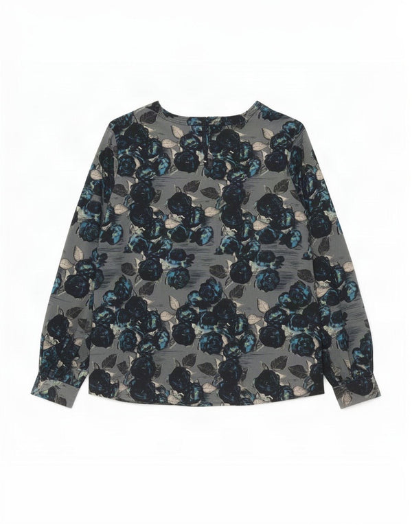Vintage Womens Top Long Sleeve UK 14 Large Navy Blue Floral Silk