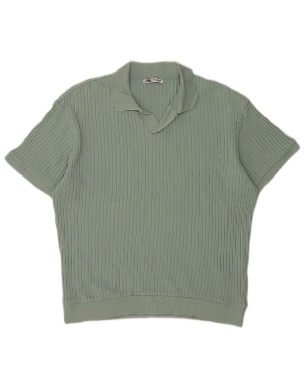 Zara Mens Short Sleeve Polo Neck Jumper Sweater Medium Green Cotton