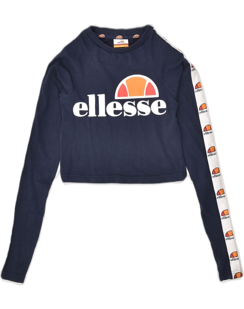 ELLESSE Womens Graphic Crop Top UK 4 XS Navy Blue Cotton | Vintage Ellesse | Thrift | Second-Hand Ellesse | Used Clothing | Messina Hembry 