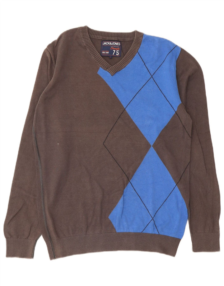 Jack & Jones Mens V-Neck Jumper Sweater Large Grey Argyle/Diamond Cotton
