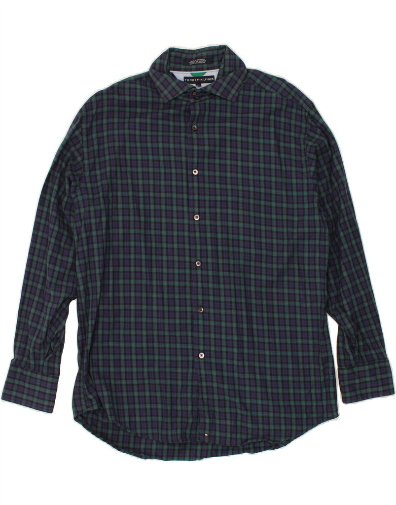 TOMMY HILFIGER Mens Shirt Large Navy Blue Check Cotton Vintage Tommy Hilfiger and Second-Hand Tommy Hilfiger from Messina Hembry 