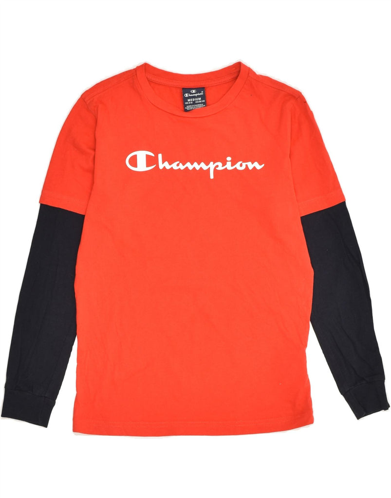 CHAMPION Boys Graphic Top Long Sleeve 9-10 Years Medium Red Colourblock | Vintage Champion | Thrift | Second-Hand Champion | Used Clothing | Messina Hembry 