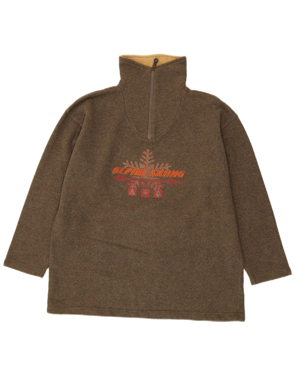 Vintage Mens Graphic Zip Neck Sweatshirt Jumper Large Khaki Cotton